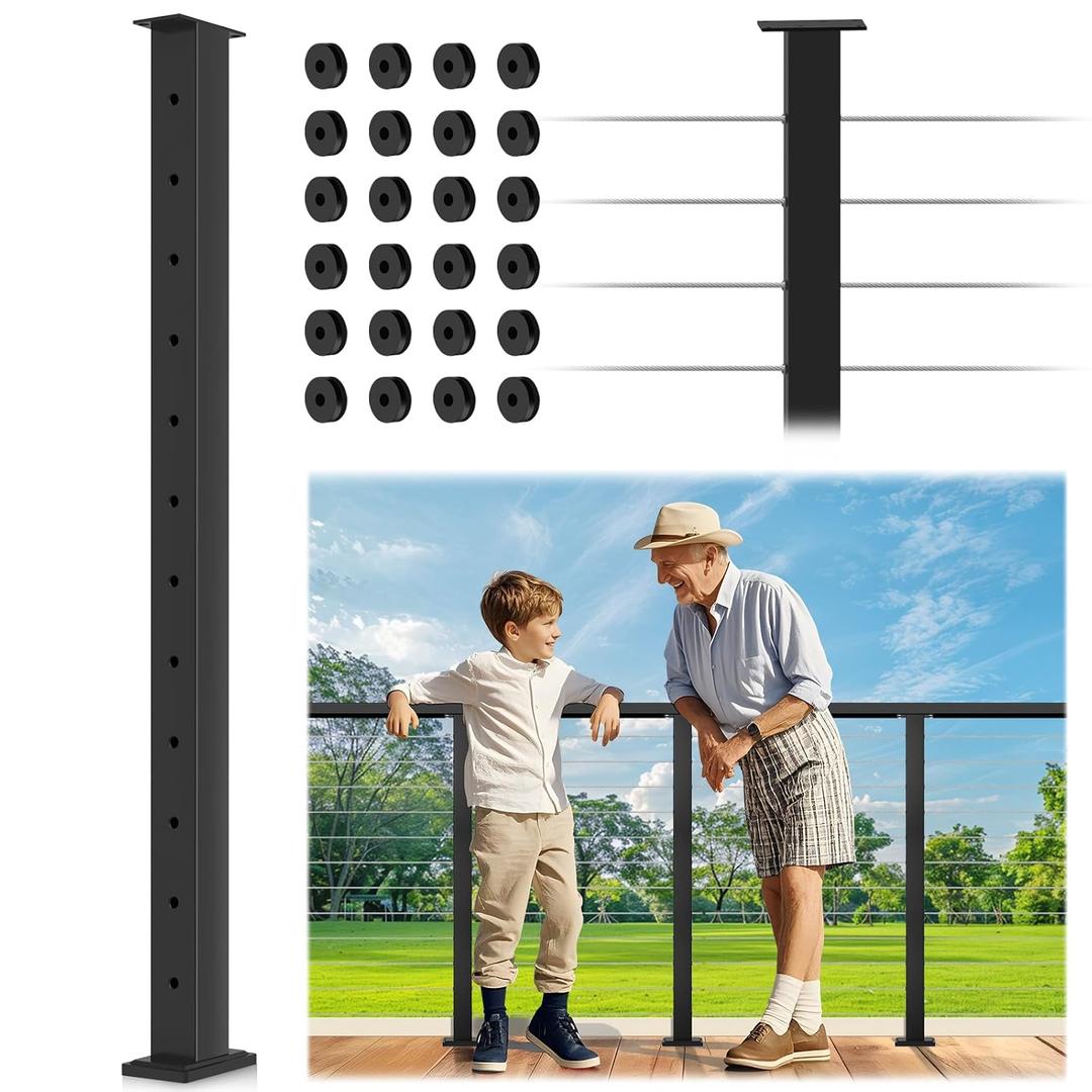 42" Level Drilled Cable Railing Post, Fixed Top Heavy-Duty Line With Flat Rubber Grommets, Stainless Steel T304 Matte Black Handrail for Indoor Outdoor Railing Kit System