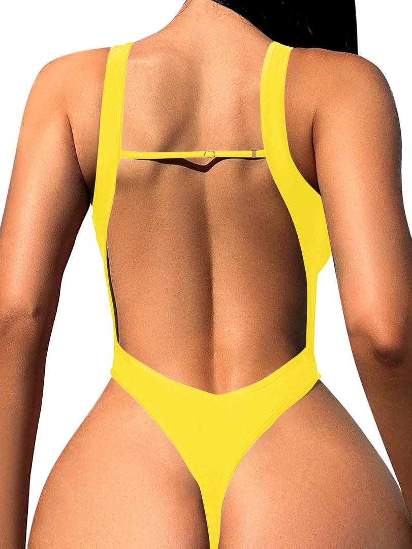 Sexy Backless Cheeky High Cut Leg Thong V Neck One Piece Swimsuit (Yellow) XL