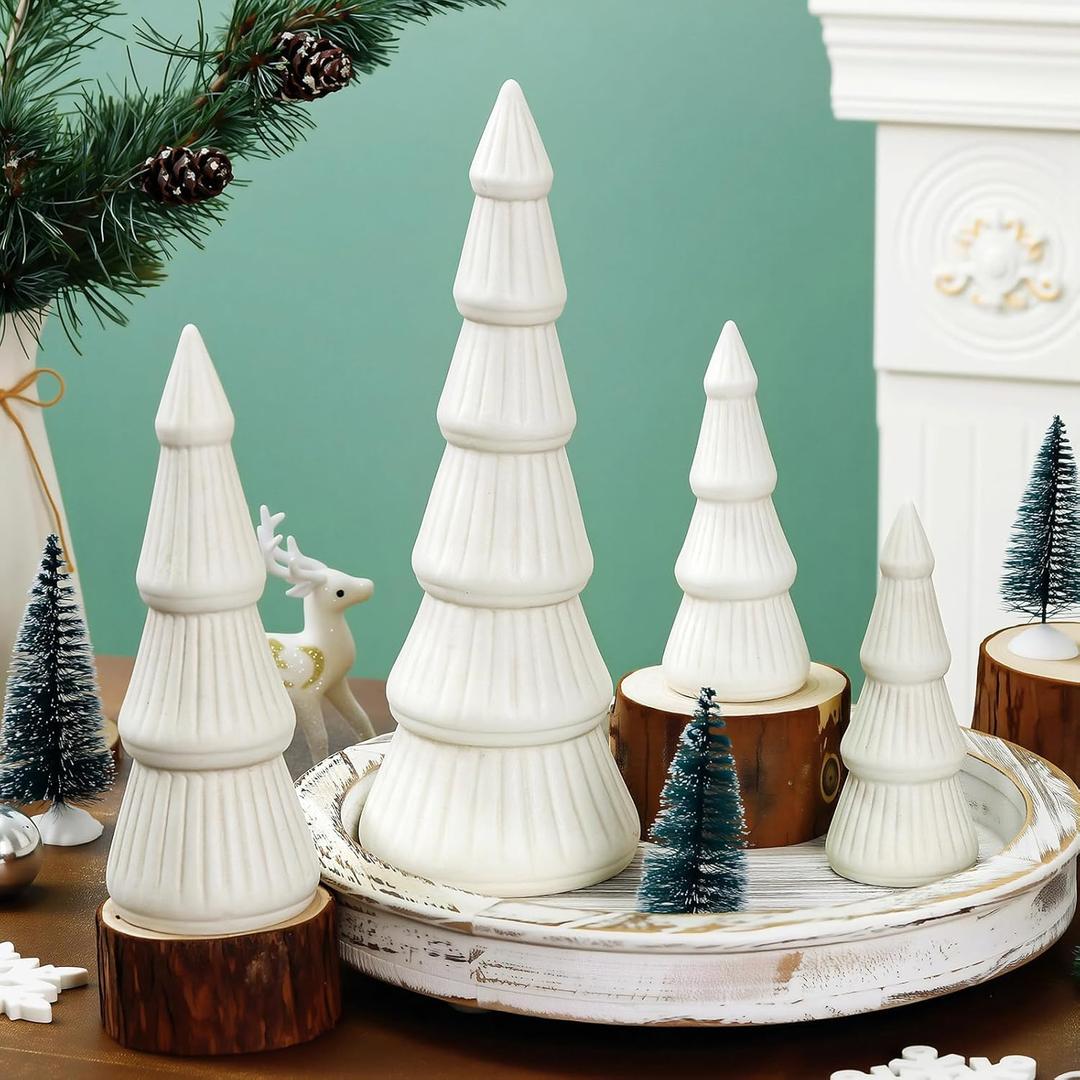 4 Pcs 12.5inch Ceramic Christmas Tree White Table Top Christmas Decorations Indoor Vintage Porcelain Lighted Tree for Holiday Decor (Beige)