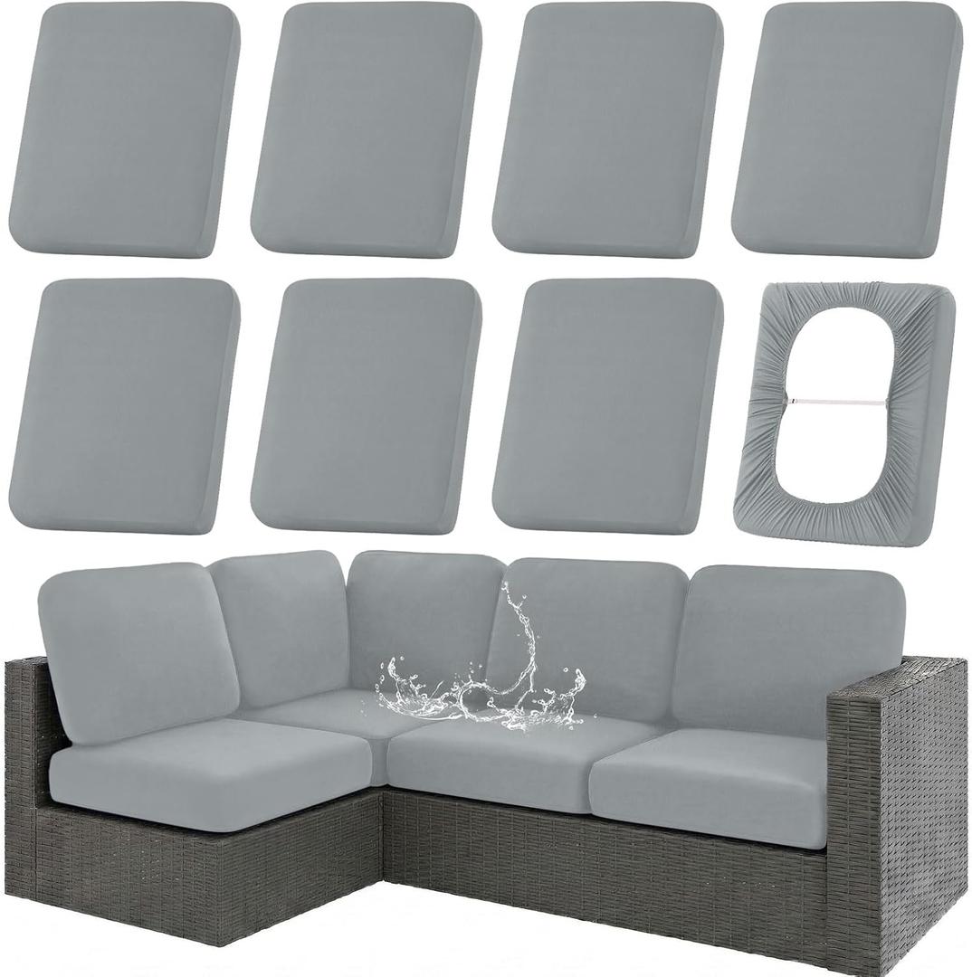 hyha Waterproof Outdoor Cushion Covers for Patio Furniture, Stretch Patio Chair Cushion Slipcovers, Coated UV Resistant Replacement Seat Covers, Solid Color (Grey, 8PC)