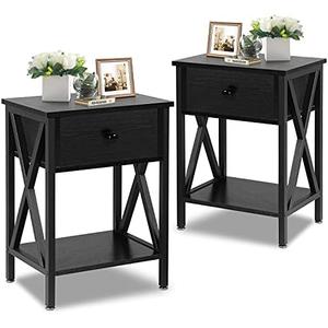 VECELO Night Stands for Bedroom Rustic Nightstand Bedside End Tables with Drawer Storage, (Set of 2), Classic Black