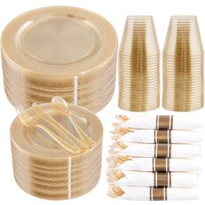 WELLIFE 210Pcs Gold Glitter Dinnerware Set, Gold Glitter Disposable Dinnerware for 30 Guests, Include: 30Dinner Plates, 30Dessert Plates, 90Gold Glitter Silverware, 30 Cups, 30 Paper Napkins