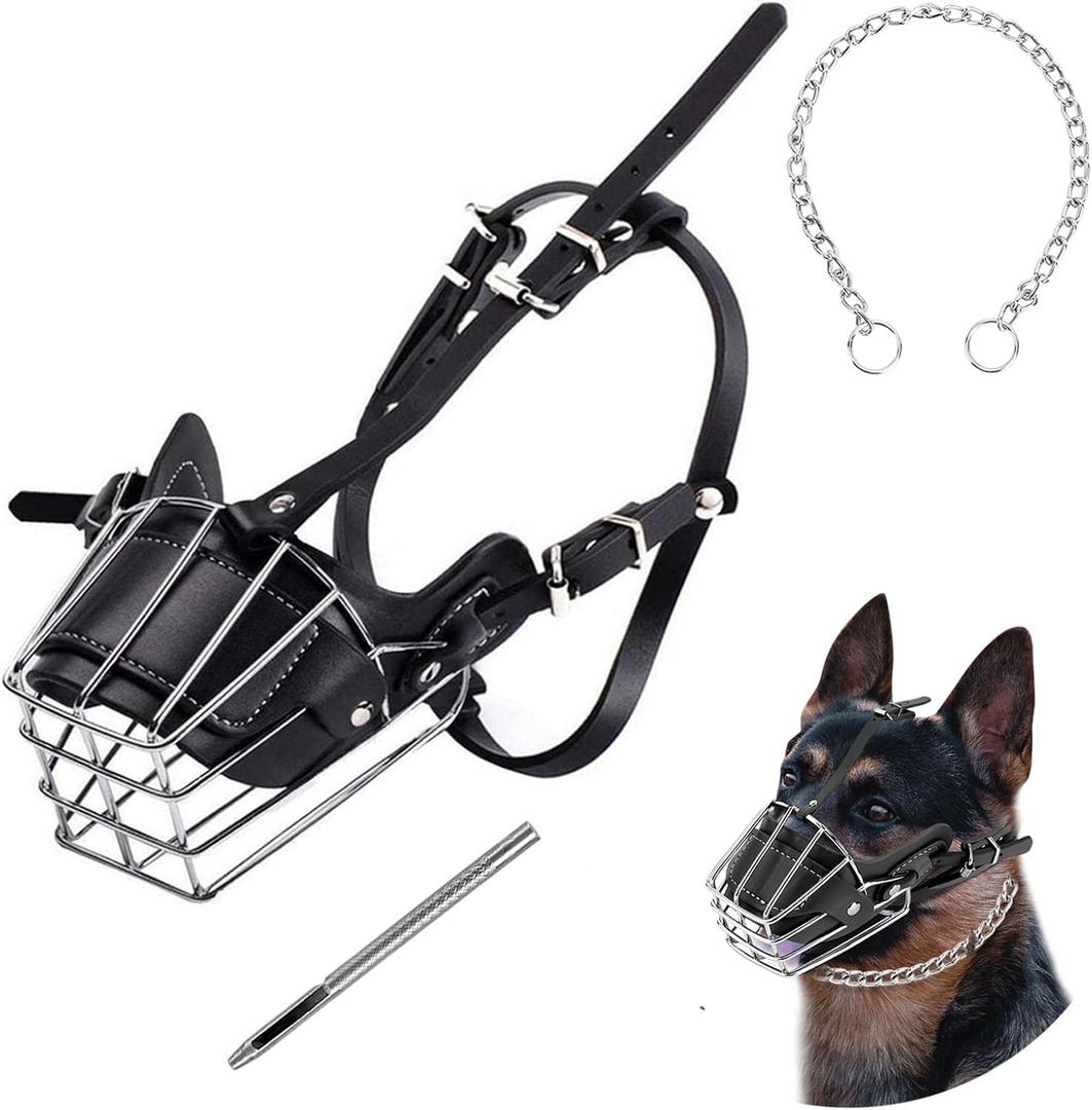 Dog Muzzle, Dog Metal Face Basket, Dog Mouth Breathable Adjustable Leather Leash Suitable for Large Medium-Sized Dogs (Black M)