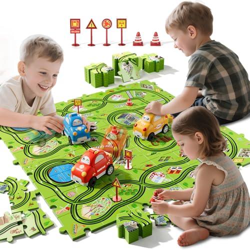 BLmukce 64-Piece Puzzle Race Car Track Set for Toddlers 1-3 | City-Themed Tracks, 3 Cars & Road Signs | Puzzle Car Tracks Toddler Toy Gifts for 2 3 4 5 6 Year Old Boys & Girls