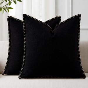 decorUhome Decorative Outdoor Throw Pillow Covers 16x16 Set of 2, Square Linen Rustic Neutral Farmhouse Euro Pillow Covers with Stitched Edge for Couch, Sofa, Living Room, Black