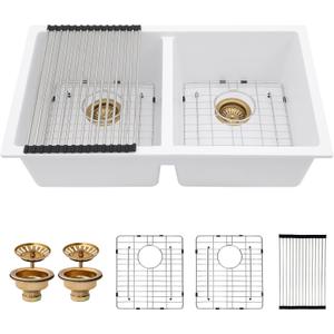 33 Granite Composite Kitchen Sink - Couoko 33x19 Inch Undermount Granite Kitchen Sink White Quartz Sink Under Counter Double Bowl Sink Basin 50/50