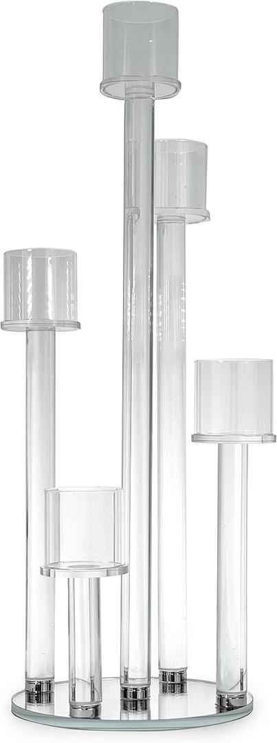 Allgala 23 Inch Glass Candelabra (58CM) Tall 5-Cup Crystal Solid Glass Tube Rod Supported Votive Candelabra-HD89128 - for Wedding Bridal Formal Events