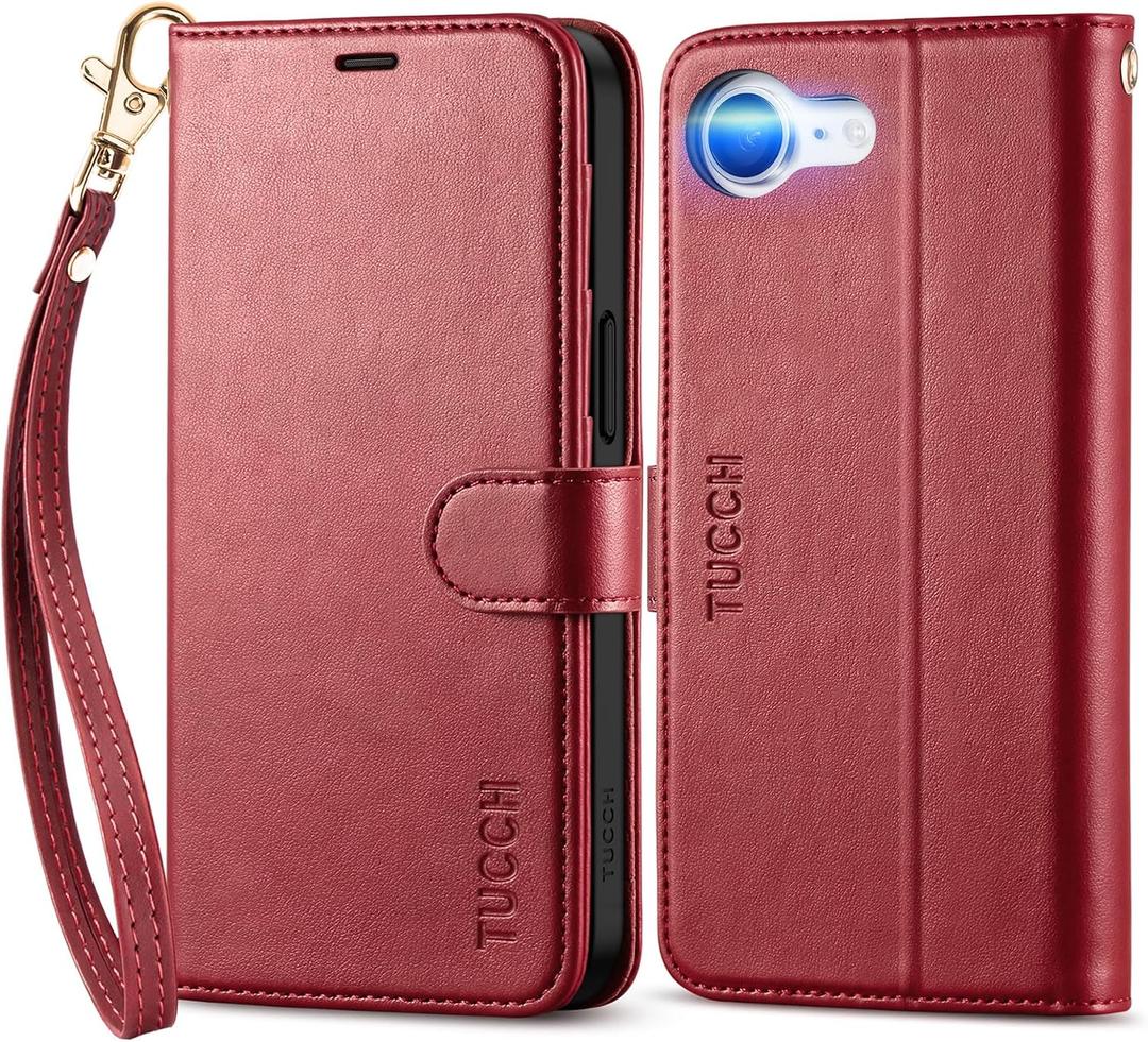 TUCCH Wallet Case for iPhone 17e 16e with [Wrist Strap], Magnetic Closure RFID Blocking 4 Card Slot, Stand Shockproof TPU Shell PU Leather Folio Compatible with iPhone 17e/16e, Dark Red with Wristlet