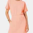 SENSERISE Womens Short Sleeve T Shirt Dresses Crew Neck Solid Color Basic Smocked Waist Dress with Pockets (Pink, L)