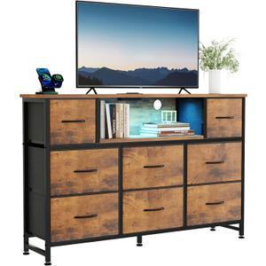 DUMOS TV Stand Dresser with 8 Fabric Drawers and Open Shelves, LED Entertainment Center with Charging Station, Wood Top Media Console for 45-55 inch, Bedroom, Rustic Brown