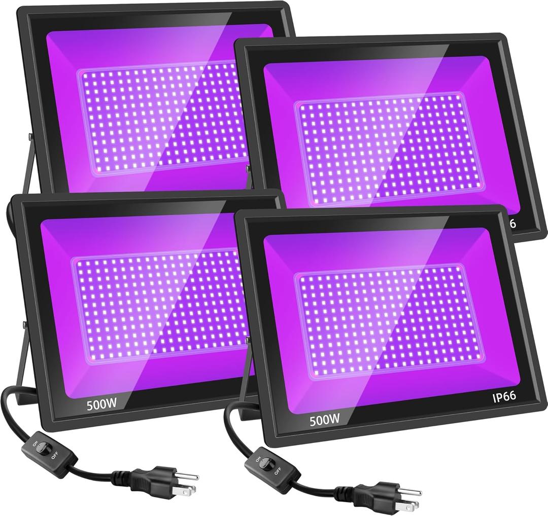 4 Pack 500W Black Lights Fixture, Blacklight Flood Light with Plug and Switch, IP66 Waterproof Blacklight for Halloween Party, Glow in The Dark, Stage Light, Body Paint, Neon Glow