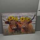 Highland Cow Canvas Wall Art Farmhouse Animal Painting Sunflower on Cow Head Picture Wood Background Poster Artwork for Bathroom Home Office Decor Framed - 16.00"x24.00"