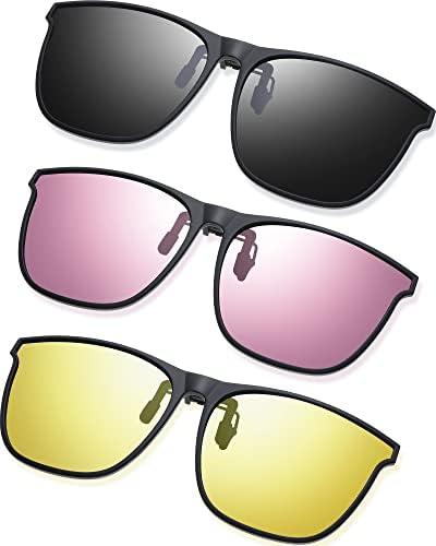 Frienda 3 Pair Oversize Polarized Clip-on Sunglasses Large Anti-glare TR90 Frame Flip up Driving Glasses for Women Men