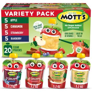 Mott's No Sugar Added Applesauce Variety Pack, 4 Flavors Apple, Strawberry, Cinnamon & Blueberry, Made from Real Fruit, No Artificial Flavors, 3.2 Clear Pouches, 20 Pack BBD:

02/12/26