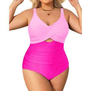Daci Plus Size One Piece Swimsuits - Tummy Control Bathing Suit for Women Cutout Swimwear (Pink, XL)