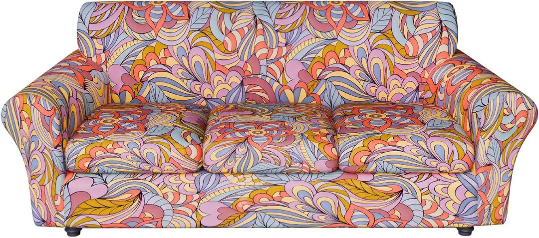 Stretch Sofa Slipcover Set for 3 Cushion Couch Sofa  Floral Print Couch Cover, Pet and Child-Friendly Furniture Sofa Covers,with Elastic Bottom (Orange+love Print)