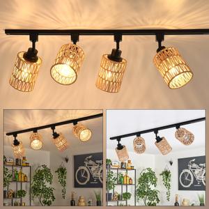 4-Pack H Track Light Heads, Modern Rattan Track Lighting Fixtures for H Type Single Circuit Tracks Rails, Adjustable Track Light Fixtures, E26 Track Light Ceiling Modern for Kitchen, No Bulb (Black & Brown)