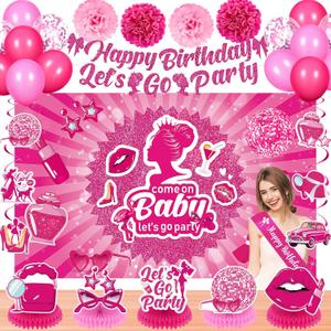 Pink Birthday Decorations for Girls Hot Pink Birthday Banner Balloons Let's Go Party Banner Hanging Swirls Centerpieces Sash Paper Pompoms for Princess Bday Doll Theme Disco Bachelorette Party