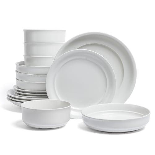 over&back Rim Dinnerware Set - Stoneware Dishes - Comes with 4 Dinner Plates, Salad Plates, Cereal Bowls, and Dinner Bowls - 16-Piece All-Occasion Place Settings - Serves Four - Semi-Matte White