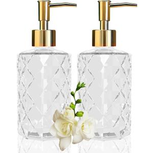 Clear Glass Soap Dispenser with Gold Plastic Pump, 2 Pack 12oz Diamond Hand Soap Dispenser, Refillable Lotion Dispenser & Dish Bathroom Dispenser for Liquid, Shower Gel