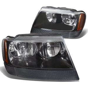DNA MOTORING HL-OH-JGC99-BK-AM Black Amber Headlights Assembly Replacement Compatible with 99-04 Jeep Grand Cherokee (Clear Lens Amber Corner)