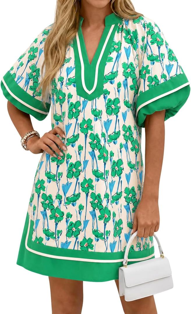 Wenrine Womens Summer Puff Sleeve Casual V Neck Mini Boho Floral Dresses