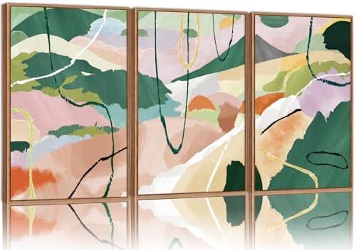 Tinonedraw Colorful Abstract Framed Canvas Wall Art Set of 3, Green and Pink Oils Inks Artwork, Neutral Modern Minimalist Wall Decor for Living Room, Bedroom, Office 16"x24"