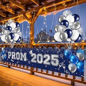 36 Pcs Graduation Prom Banner Decorations for Party 2025, Prom 2025 Congrats Grad Banner Yard Decorations, Black and Gold Glitter Balloons Decor Set