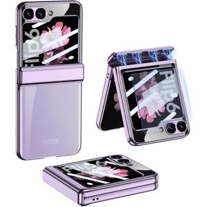 Clear Case for Samsung Galaxy Z Flip 6 with Magnetic Hinge Protection & Built-in External Screen Protection,Luxury Transparent Electroplate Shockproof Cover for Samsung Z Flip 6 (Purple)