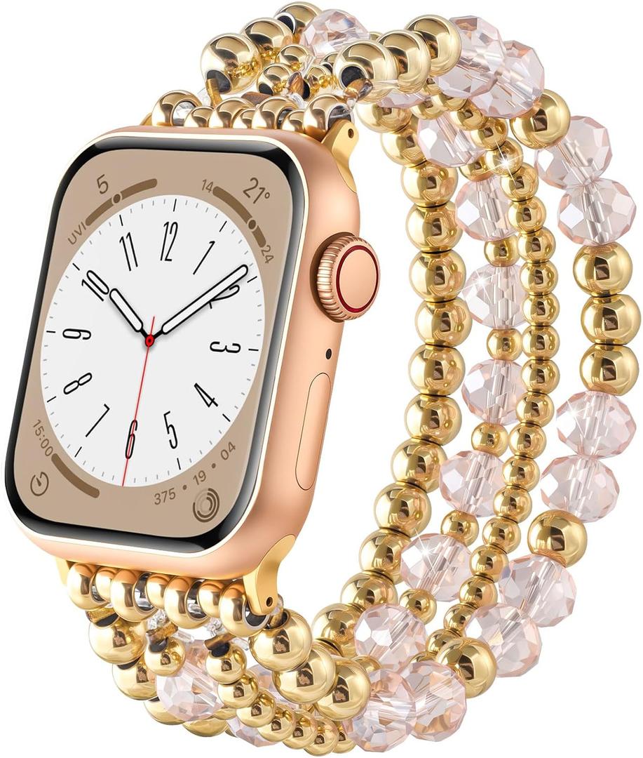 AIRSPO Gold Beaded Bracelets Compatible for Apple Watch Band 38mm 40mm 41mm 42mm 44mm 45mm Women, Fashion Handmade Dressy iPhone Watch Bands Elastic Strap for iWatch Series SE 8 7 6 5 4 3 2 1 (Pink Beads, 38mm/ 40mm/ 41mm-S(5.3"-6.2"))