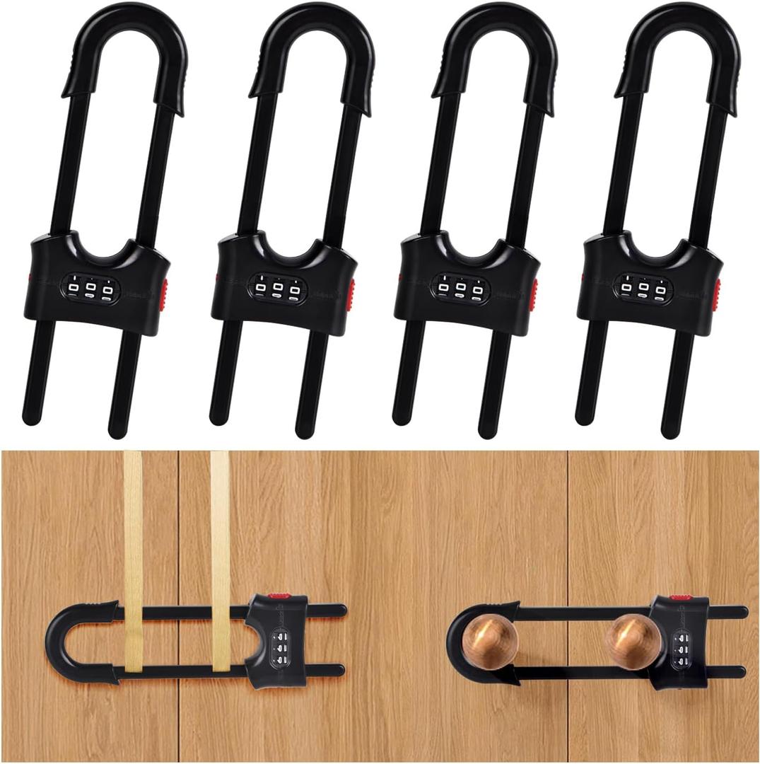 4 Pack U-Shaped Sliding Cabinet Locks Multifunctional Child Safety Lock Adjustable Baby Proof Clips for Home Cabinets Refrigerator Doors Cabinet Knobs and Window Handles (Black)