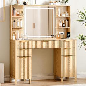 Vanity Desk with Large 27.2" Mirror and Lights 47.2" Fluted Makeup, 5 Drawer Vanity with Power Strip, 4 Open Shelves, 2 Cabinet, Modern Bedroom Vanity Featuring Visual Transparent Glass. Wood