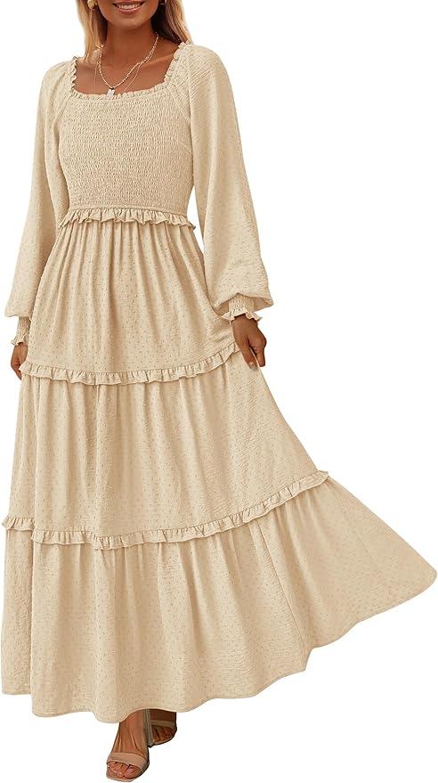 PRETTYGARDEN Fall Dresses for Women 2026 Long Sleeve Smocked Square Neck Swiss Dot Tiered Flowy Wedding Guest Maxi Dress (Medium)