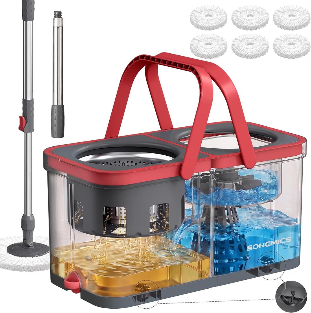 SONGMICS Spin Mop and Bucket Set, 6 Washable Microfiber Mop Heads, Wheels | Separate Clean and Dirty Water, Stainless Steel Wringer, 18.7 x 10 x 9.5 Inch, Gray and Red, CLEMAX Collection ULMB004GT06