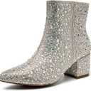 YAYONE Rhinestone Zipper Sparkly Ankle Boots - Glitter Pointed Toe Fashion Comfortable Shoes, Pull on Chunky Heel Western Boots (Size 9, Silver)