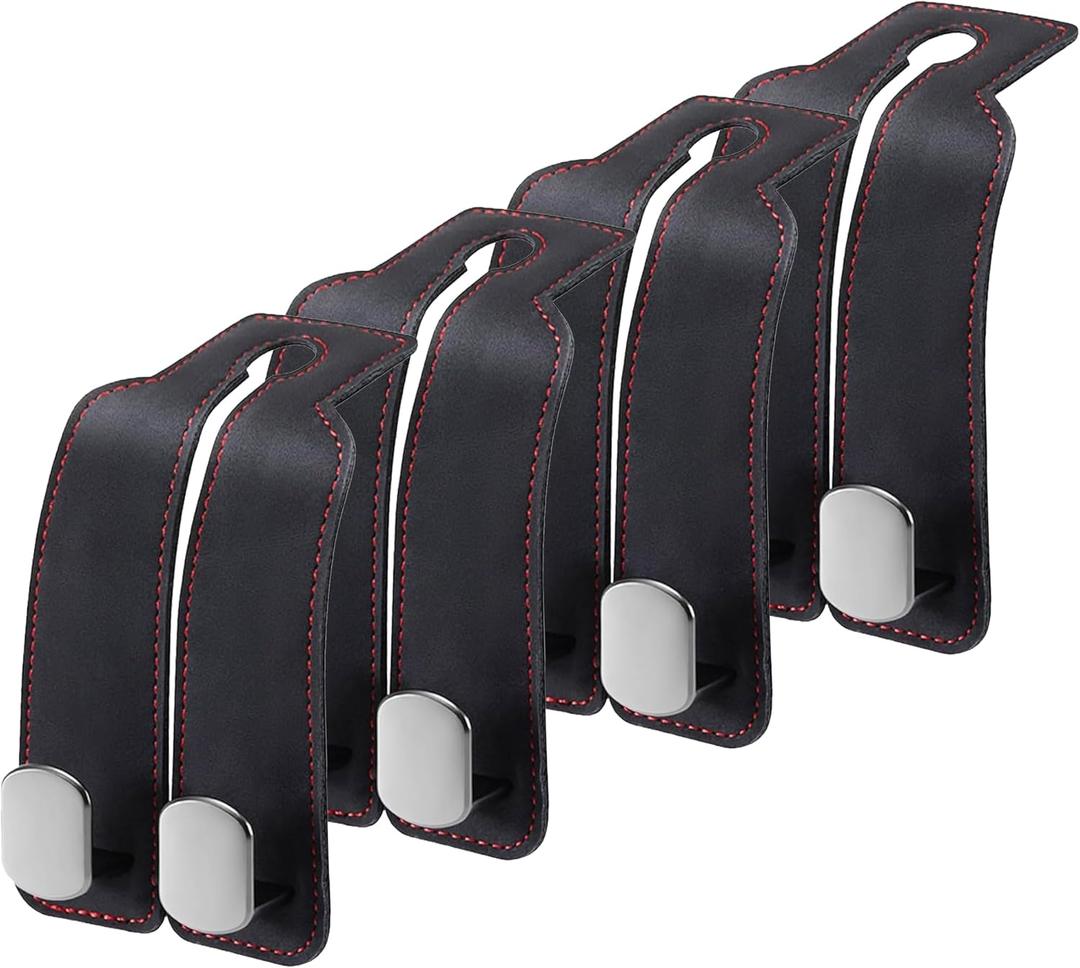 4 Pack Double Car Purse Hook Holds Up to 25 kg / 55 lbs XL Faux Leather with Durable Metal Hook (2.7x2cm)  Perfect Headrest Hooks for Car to Organize Bags and Essentials (Black)