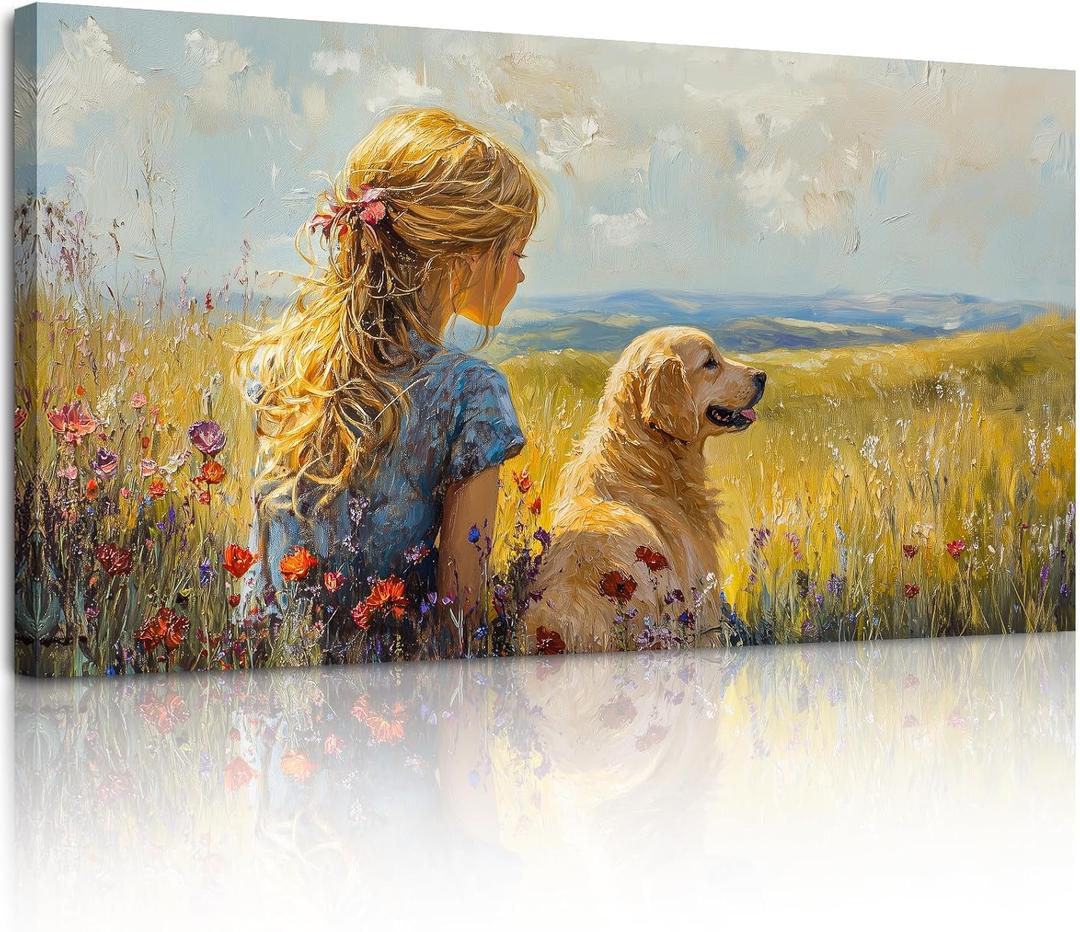 SERIMINO Portrait Landscape Wall Art, Lady and Dog Large Wall Decor, Animal Golden Retriever Cute Canvas Prints, Meadow Wildflowers Rustic House Decorations Living Room Bedroom Bathroom 20"X40"
