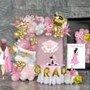 Pink White and Gold Balloon Garland Arch Kit 140Pcs with Pink and gold Stars Graduation Certificate Crown DIY bow for 2025 GRAD Prom coquette Decorations