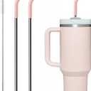 Metal Straw with Silicone Tip for 40oz Stanley Cup, 2 Pcs Stainless Steel Straws Replacement for Stanley 40 oz Adventure Quencher Travel Tumbler Cup, 1 Straw Brush (Light Pink)