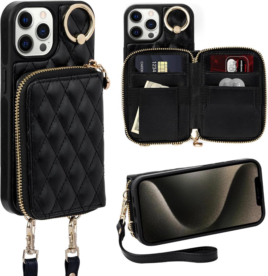 Keallce Case for iPhone 12 Pro/iPhone 12 6.1'' Wallet Case, Crossbody Zipper Purse Handbag Wristlet for Women, RFID Blocking Card Holders, Ring Kickstand Flip Leather Cover for iPhone 12/12 Pro, Black