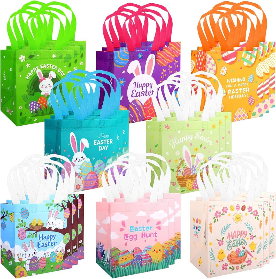 Easter Egg Hunt Bags 24 Pack with Handles - Bunny Chick Carrot Egg Basket Themed Reusable Non-Woven Easter Tote for Kids Gift Wrapping, Easter Party Supplies, Easter Treat Bags (7.09x5.91x7.87 Inches)