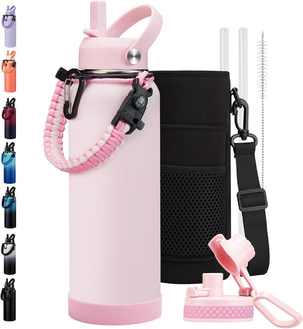BENZZO 40oz Insulated Water Bottle Metal Water Flask Stainless Steel Keep Cold 48Hrs & Hot 24 Hrs, Pink Water Jug with Strap for Women Sports Gym Workout School Running with Straw & Auto Spout Lid