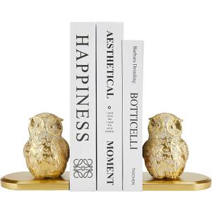 Book Ends Decorative, Owl Bookends Gold Bird Bookends for Shelves, Kids Rooms, Non-Skid Bookend, Heavy Duty Resin Book Stopper for Books, Decorative Holder, 9.05 * 3.7 * 4.72'' Gold with White
