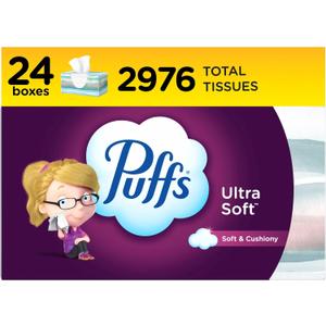 Puffs Ultra Soft Facial Tissues, 24 Family Boxes, 124 Tissues per Box