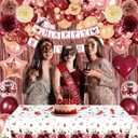 Burgundy Rose Gold Birthday Decorations with Happy Birthday Banner, Balloons, Sash, Crown, Butterfly, Hanging Swirls, Flower Tablecloth, Fringe Curtain, Pompoms for Women Girls Party Backdrop Supplies