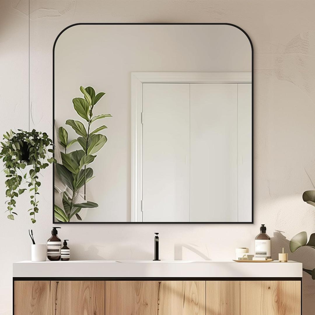 Bathroom Mirror, Wall Mirrors, Black Metal Framed Wall-Mounted Mirrors, Bathroom Vanity Mirror for Over Sink, Living Room, Bedroom, Entryway, 36x36 Inch, Black