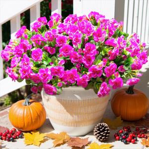 HyeFlora Artificial Faux Outdoor Flowers Plants for Spring Summer Decoration, Fake Silk Camellia UV Resistant Look Real for Planter Outside Front Door Porch Patio Balcony, 3 Large Bundles (Fuchsia)