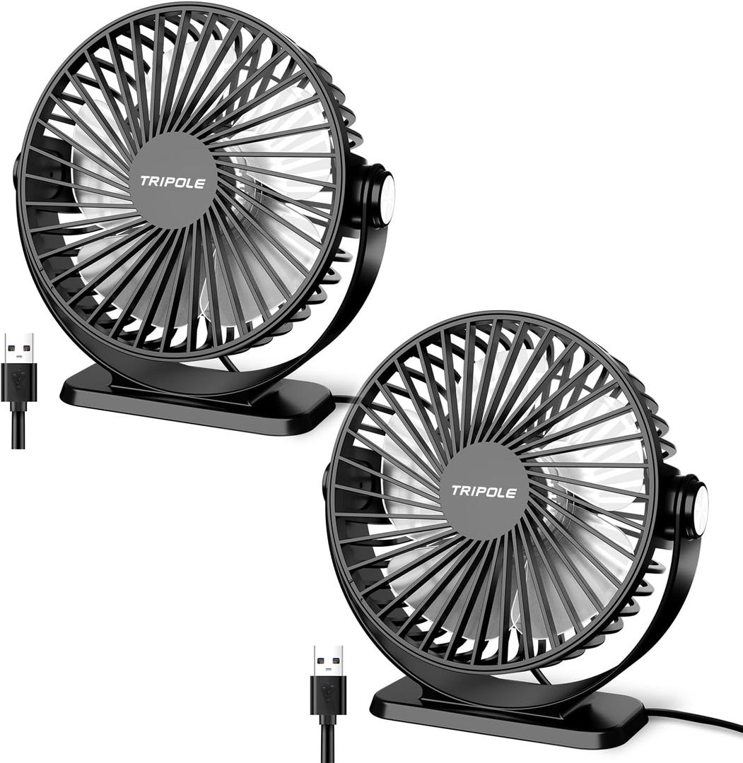 TriPole Desk Fan USB Powered 2 Pack Black Small Portable Fan, 3 Speeds Strong Airflow Mini Fan 360Rotation Personal Fan 5.1 Inch Table Fan for Home Office Bedroom Desktop Travel, 4.9ft Cable