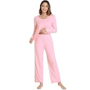 NACHILA Women's Pajamas Set-Viscose Made from Bamboo, Long Sleeve Sleepwear Top with Pajama Pants Ladies Pjs Set with Pockets Pink Large