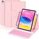 YBING for iPad A16 Case with Keyboard 11th &10th Generation, 360 Rotation Magnetic Cover with 7-Color Backlit Wireless Detachable Keypad with Pencil Holder for iPad 11th 2025/10 Gen 10.9" 2022 (Pink)